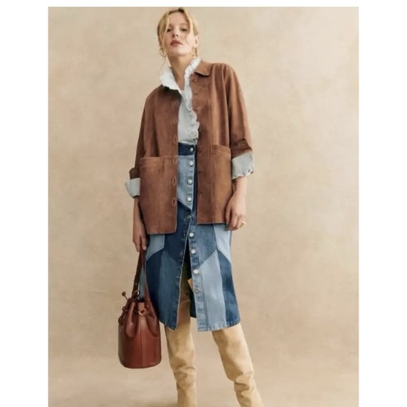 New Sezane Womens June Alexane Patchwork Skirt Size 40 US 8 Midi Straight Button - Picture 5 of 13